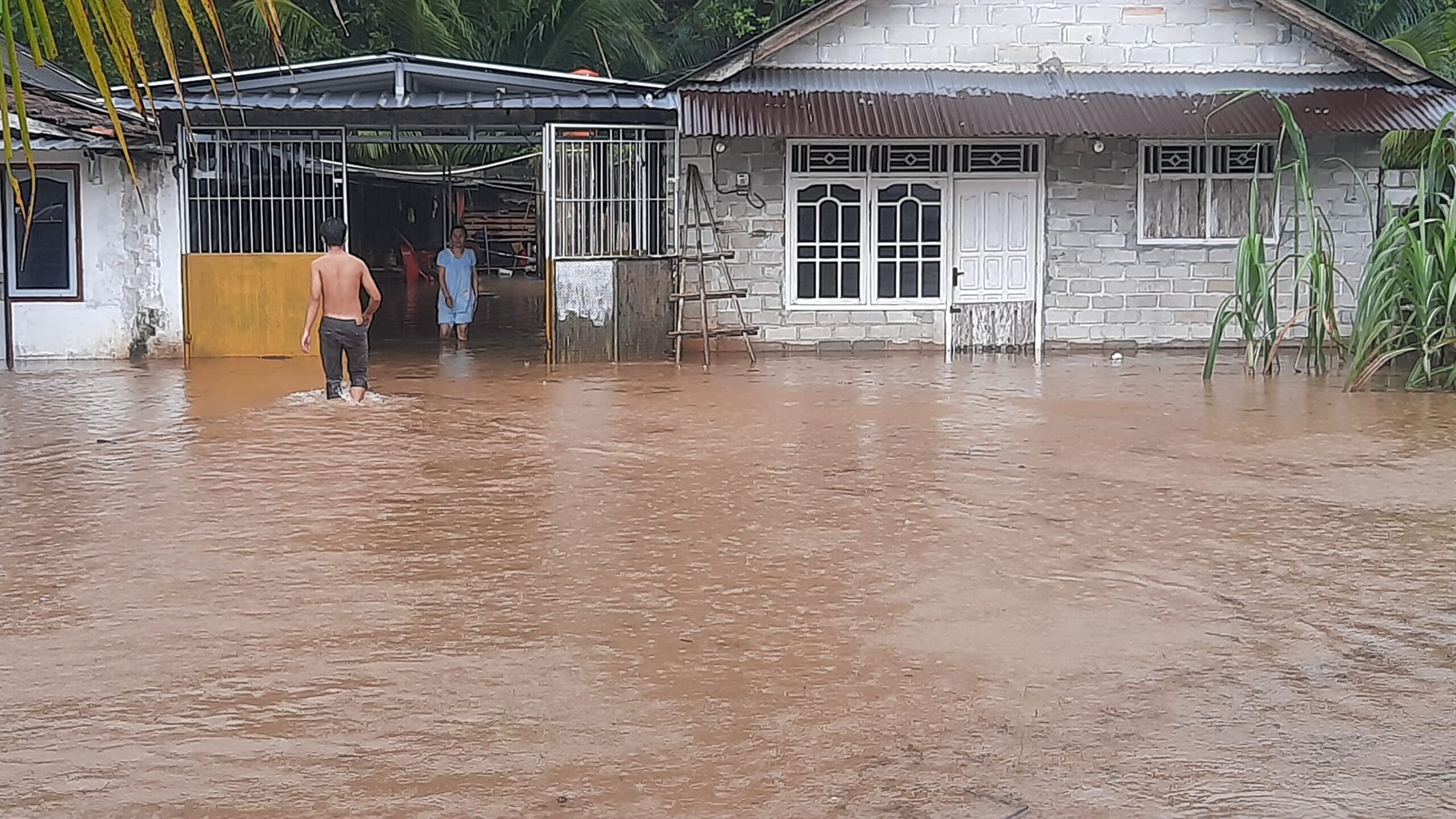 Rumah Warga Dusun Perumnas Desa Sekarbiru Kecamatan Parittiga terendam air. Senin (25/12/2023). (Babelhits.com/Yuranda).