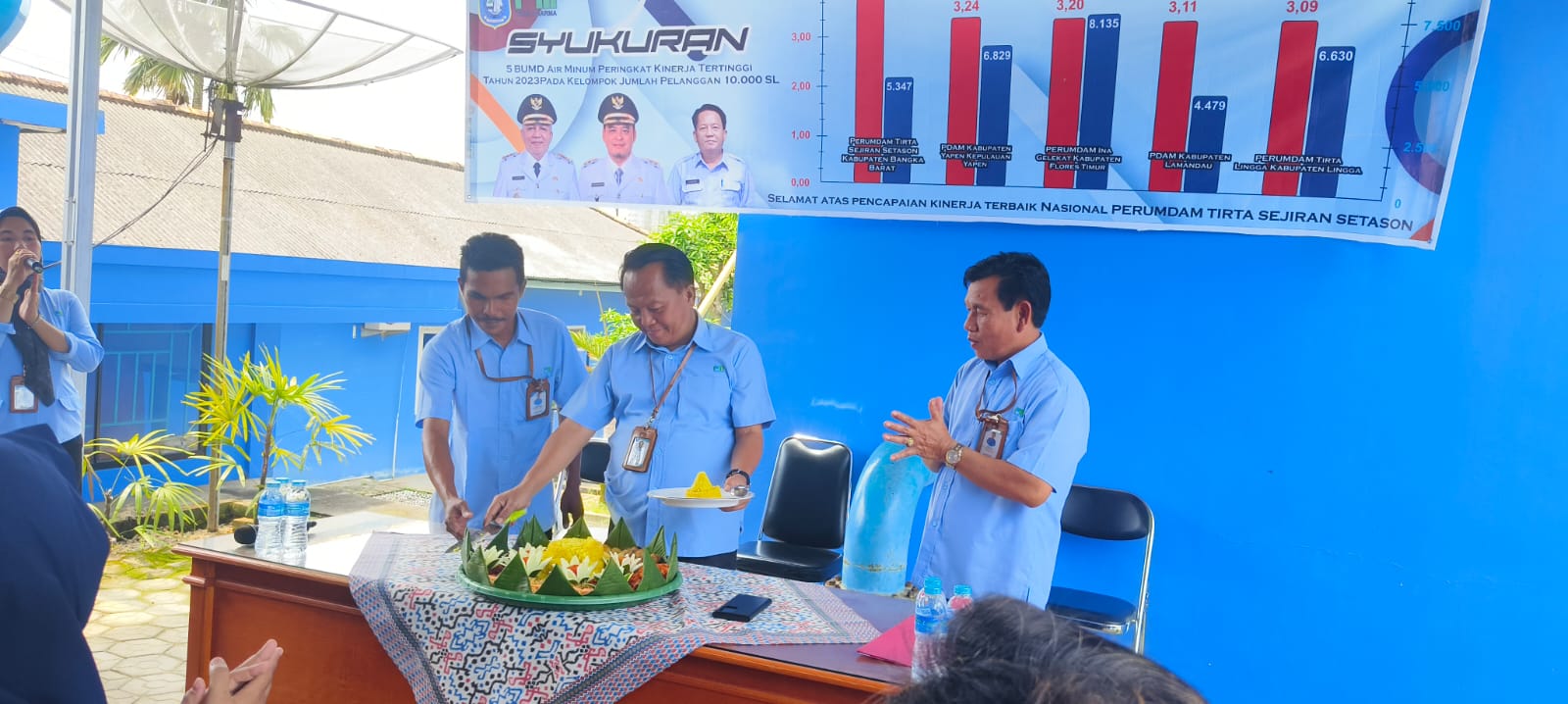 Pegawai Perumdam TSS Bangka Barat potong tumpeng dan syukuran atas capaian rangking 1 Nasional.
