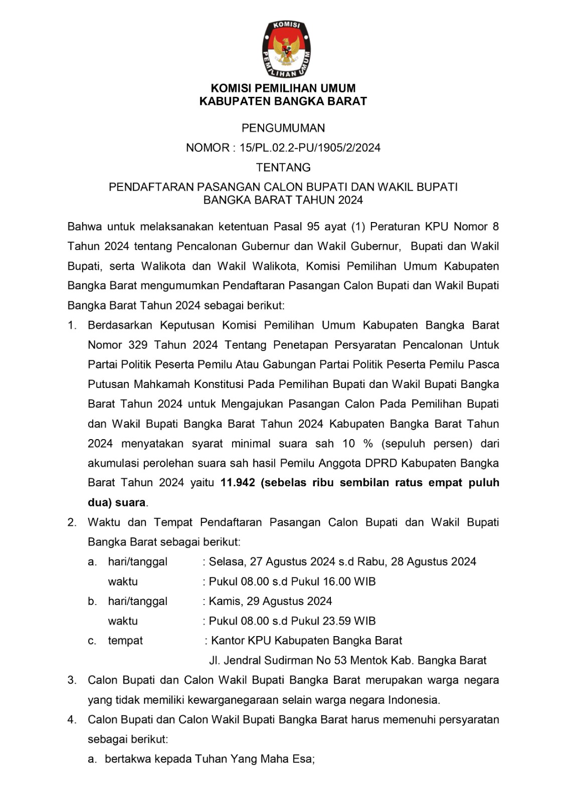 Pengumuman KPU NOMOR : 6 /PL.02.2-PU/19/2024, Hal 1 (KPU Kabupaten Bangka Barat)