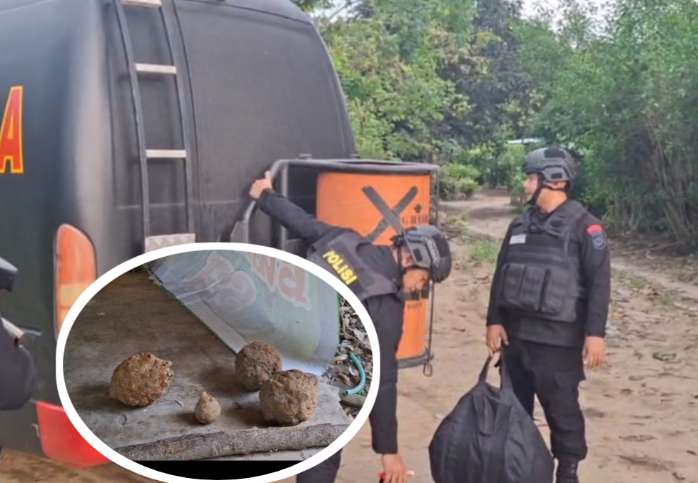 Caption  : Empat buah bom diduga Granat, yang ditemukan warga di aliran sungai Kampung Ulu, Kecamatan Mentok, Kabupaten Bangka Barat, Sabtu (12/4/2025). Diamankan Tim Gagana Polda Babel. (Kolase Babelhits.com/Ist)