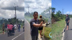 KOLASE : Masyarakat amankan alat tambang timah yang bekerja dipinggir jalan raya bakit, Dusun Perumnas, Desa Sekar Biru, Parittiga, Bangka Barat, Sabtu (27/6/2026). Dan kondisi jalan yang sudah retak akibat aktivitas tambang tersebut. (Foto ; Istimewa)