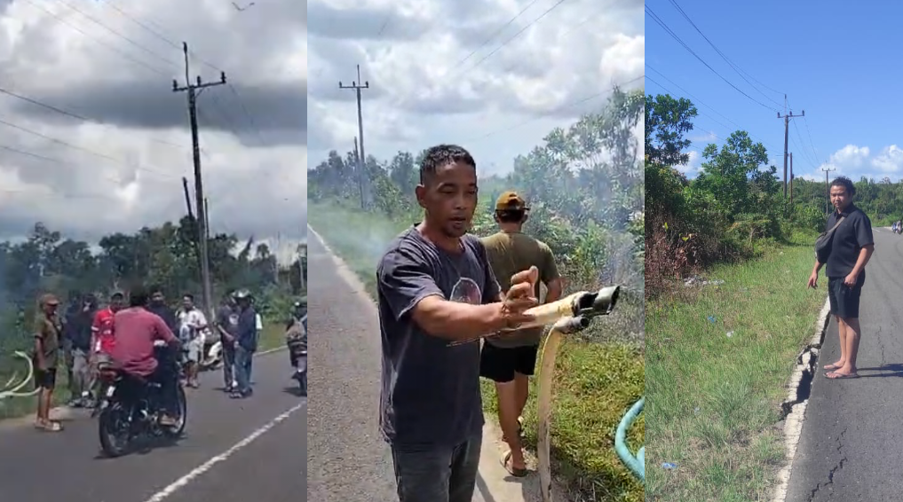 KOLASE : Masyarakat amankan alat tambang timah yang bekerja dipinggir jalan raya bakit, Dusun Perumnas, Desa Sekar Biru, Parittiga, Bangka Barat, Sabtu (27/6/2026). Dan kondisi jalan yang sudah retak akibat aktivitas tambang tersebut. (Foto ; Istimewa)