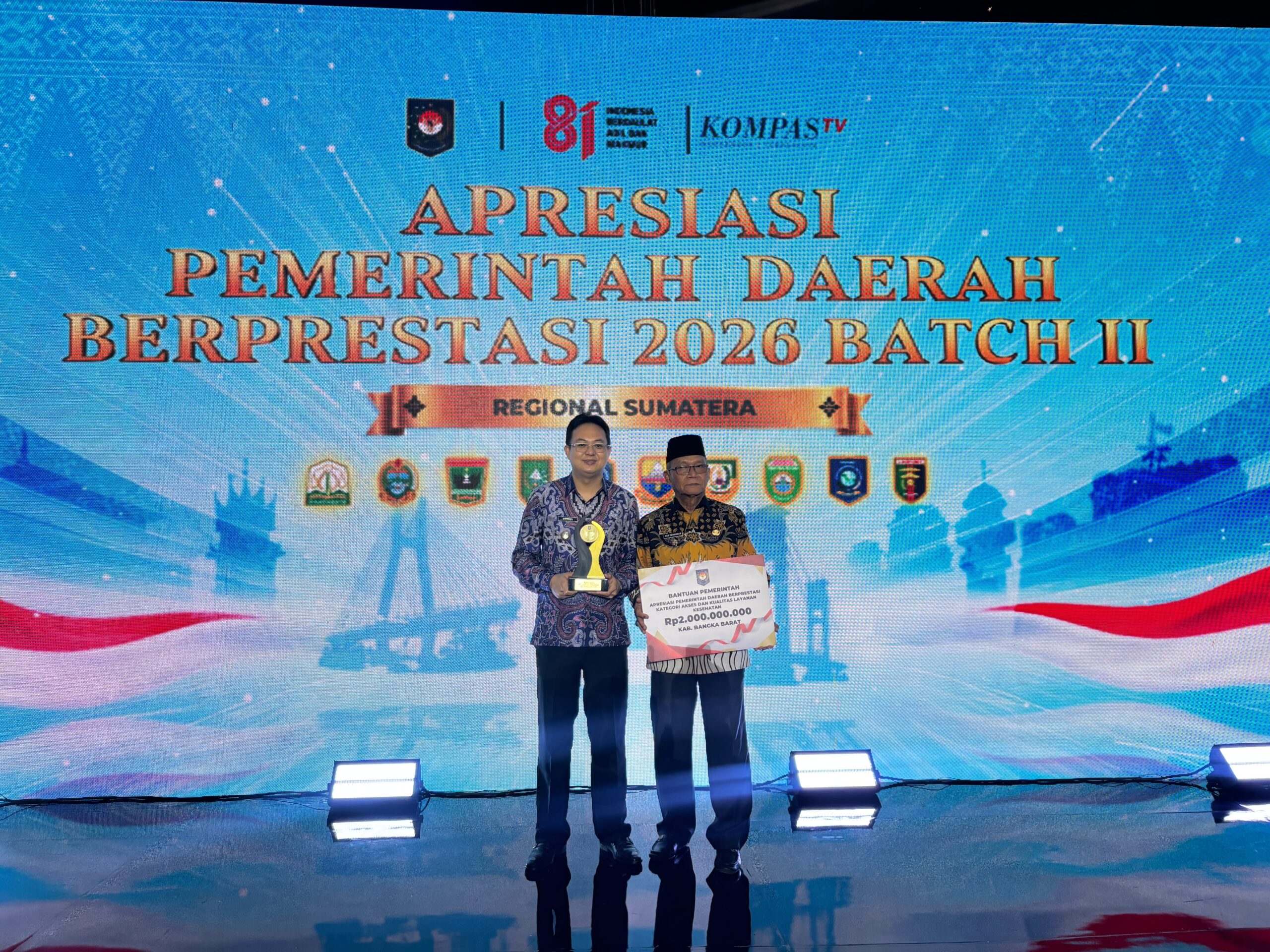 Bupati Bangka Barat Markus dan Wakilnya Yus Derahman mendapatkan penghargaan peringkat pertama kategori Akses dan Kualitas Layanan Kesehatan Tingkat Kabupaten dalam Apresiasi Pemerintah Daerah Berprestasi 2026 Batch II Regional Sumatera yang digelar Kementerian Dalam Negeri (Kemendagri).